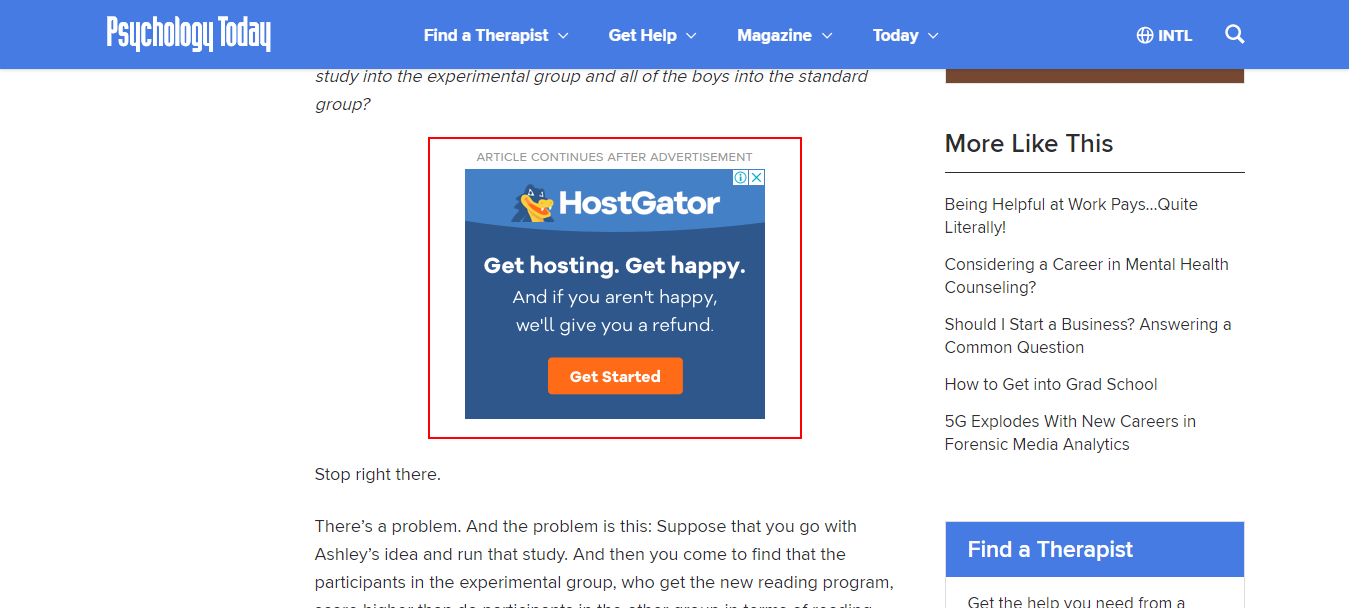 Highlighted in red is a Hostgator retargeting and display ad on the Psychology Today website
