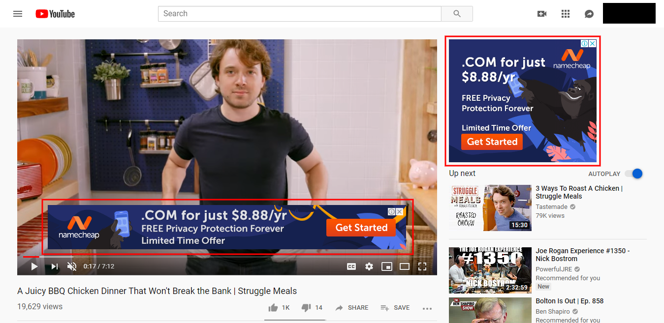 Highlighted in red are google ads that display on YouTube